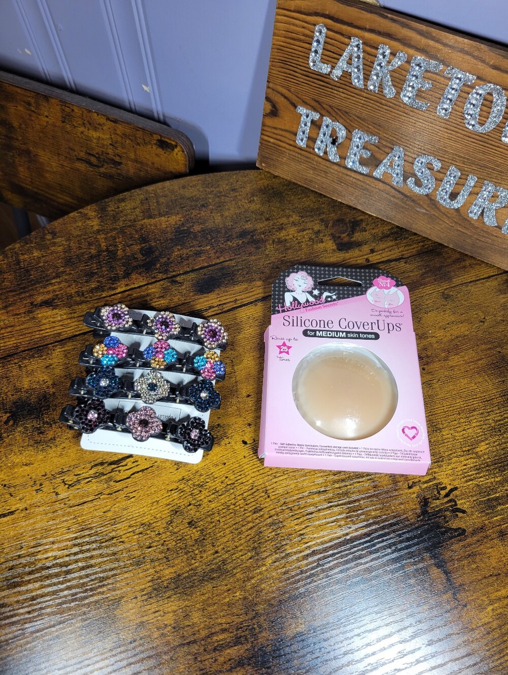 Adhesive Nipple Covers +  Rhinestone Hair Clips Set - Nude & Multicolor